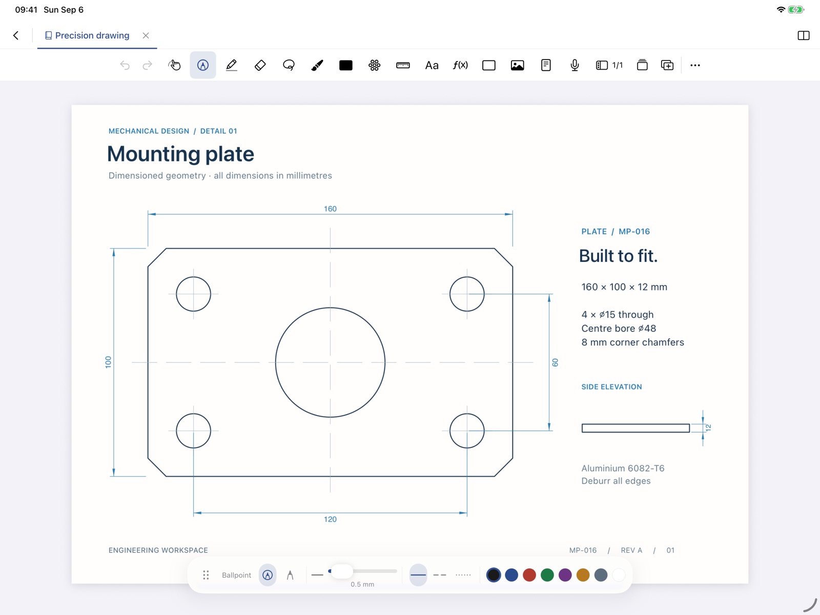 A dimensioned mounting plate drawing in Noterat's DXF editor.