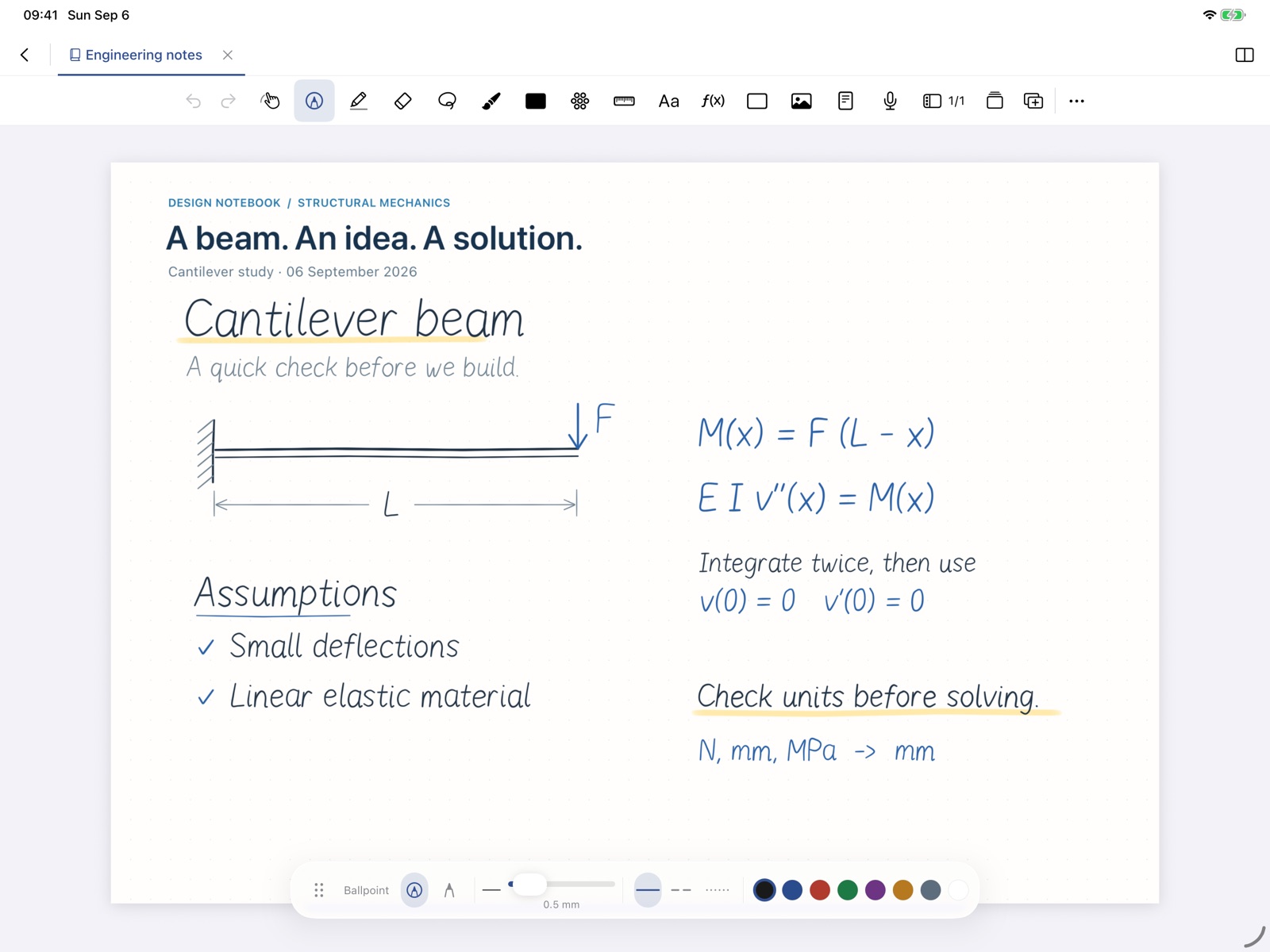 Noterat on iPad: a handwritten cantilever beam sketch with equations, assumptions and highlighted notes.