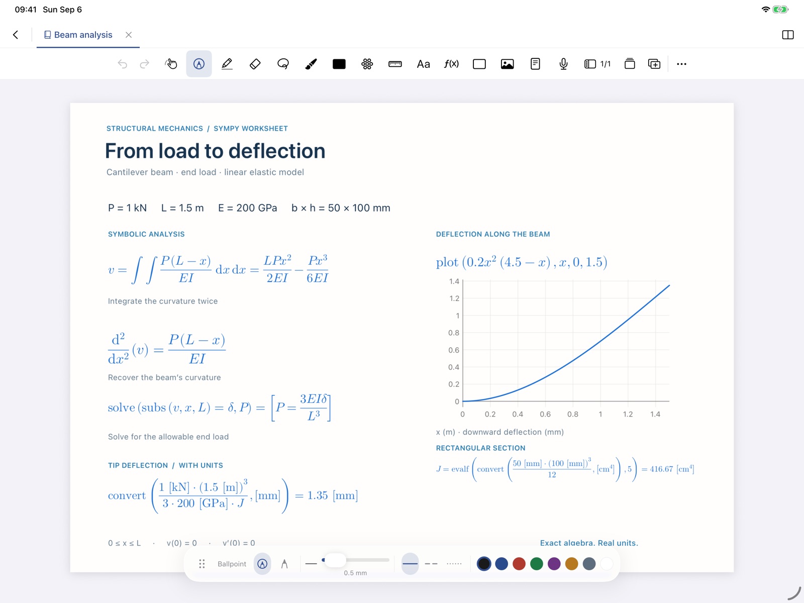 A SymPy worksheet in Noterat: symbolic integration, a deflection plot and a unit conversion giving 1.35 mm.
