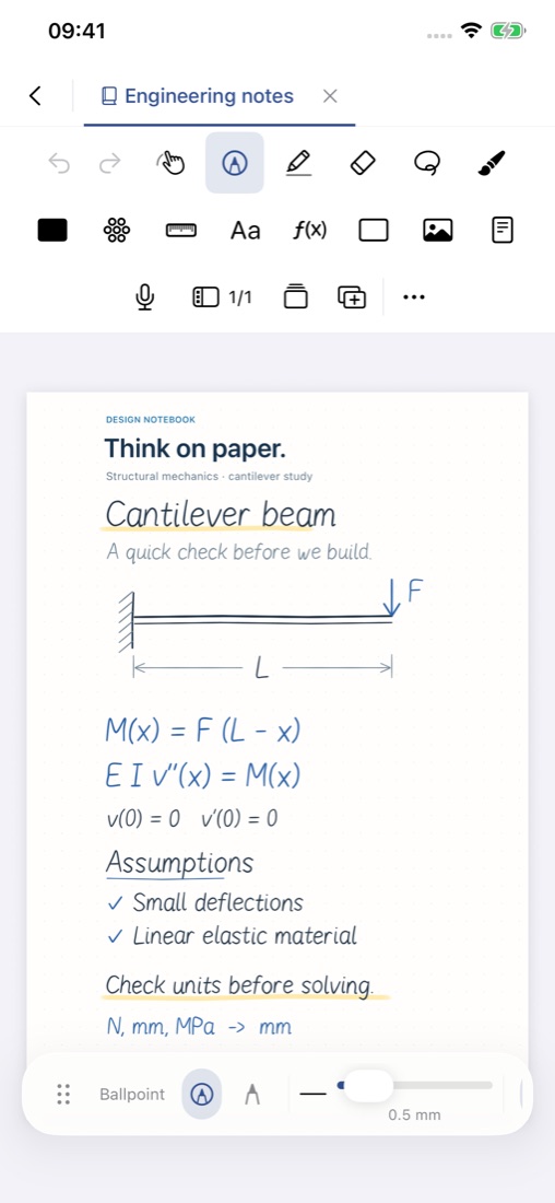 Handwritten engineering notes in Noterat on iPhone.