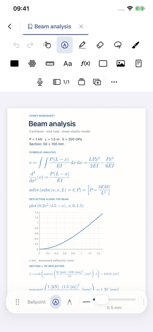 A SymPy worksheet in Noterat on iPhone: symbolic integration, a deflection plot and a unit conversion giving 1.35 mm.